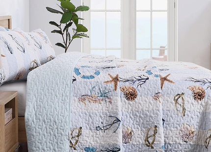Coastal Quilt Set King Size 3 Pieces,Beach King Quilt Bedding Set Lightweight Sky Blue Bedspreads,Reversible Microfiber Nautical Quilts with 2 Shams Summer Ocean Coverlet Sets for King Bed All Season