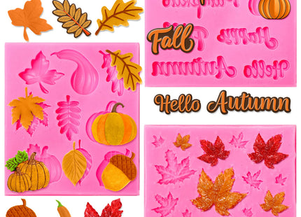 Whaline 3 Pack Fall Fondant Molds Autumn Pumpkin Maple Leaves Silicone Molds Hello Fall Candy Resin Chocolate Baking Mold for Autumn Harvest Cupcake Cake Topper Decoration Soap Jelly