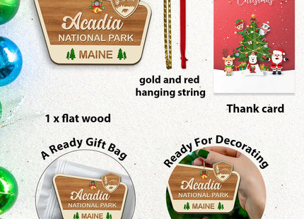 Acadia National Park Wooden Ornament, Acadia Mountain Landscape Scene Bear Decor for Christmas Tree, USA National Park Gifts for Travelers, Hiking Lovers, Keepsake Souvenirs for Family, Friends
