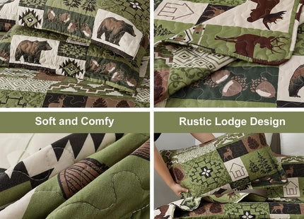 Quilts Set King Size Rustic Quilt Bedspread Coverlet King Quilt Bedding Country Lodge Patchwork Quilt Home Lightweight Reversible Bedspread Rustic Bear Bedding Cabin Moose Forest Animal Coverlet Olive