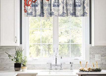 SHElifestyle Nautical Red Octopus Window Valance Curtain, Ocean Anchors Lighthouse Beach Vintage Coastal Map Pirate Ship Window Treatments Valance for Bedroom Living Room Kitchen 54x18inch