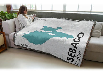 Pure Country Weavers Sebago Lake ME Blanket - Maine Gift Cotton Tapestry Throw - Made in The USA - 72" x 54"