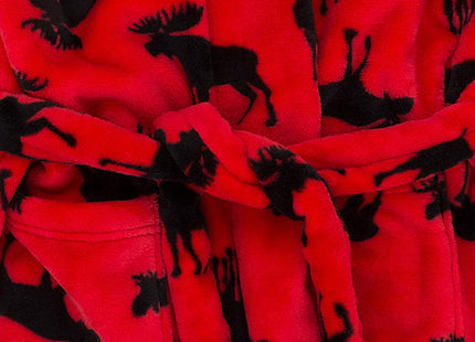 Little Blue House Unisex Fleece Robe, Moose On Red, Large