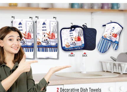 Lobyn Value Packs Nautical Lighthouse 5 Piece Kitchen Towel Set with 2 Decorative Dish Towels (25 X15), 1 Oven Mitt (11 X 7) and 2 Potholders (6.5 X 6.5) Coastal Blue Kitchen Accessories