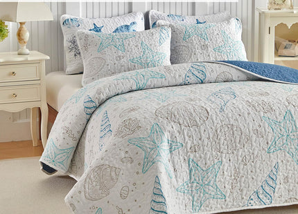 Coastal Quilt Sets Queen Size - Reversible Microfiber Ocean Style with Starfish Scallop Shell Soft Beach Bedding Nautical Bedspread Coverlet Summer Comforter with 2 Shams
