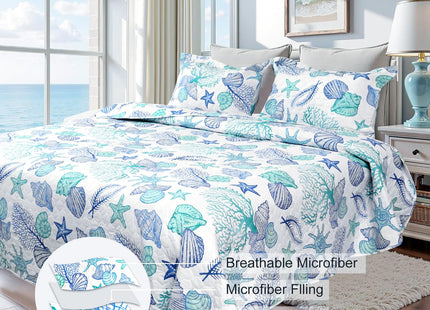 Ycosy 3 Piece Coastal Beach Quilt Set Twin Size Ocean Theme Bedding Set Blue Green Lightweight Bedspread Coverlet Shell Coral Conch Starfish Bed Covers Bedroom Decor with 2 Pillow Shams