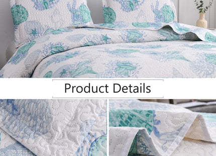 Hailea Ocean Quilt Full/Queen Size Coastal Bedding Lightweight Summer Beach Theme Bedspread Nautical Coverlet Blue Seashell Conch Bed Sheet with 2 Pillowshams (Green,Full/Queen)