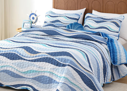 DJY Coastal Quilt King Size, 3 Pcs Ocean Blue Theme Bedspread Bedding Set