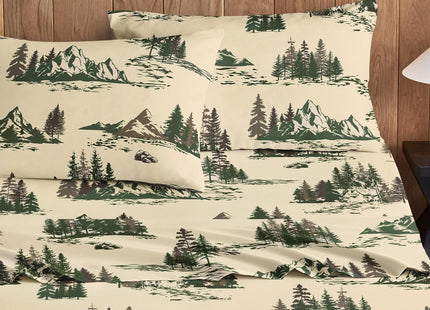 Wake In Cloud - Rustic Bed Sheets, 4-Piece Sheet Set, Cabin Forest Woodland Camping Theme with Lodge Mountain Pattern Printed Bedding, Deep Pocket, Green Brown, Queen Size