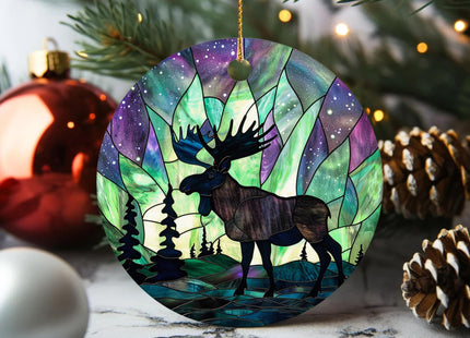 HYPESTYLE Northern Lights Christmas Moose Ornament, Holiday Present Idea, Heirloom Keepsake, Round Ceramic Ornament for Tree, Winter Reindeer Decoration