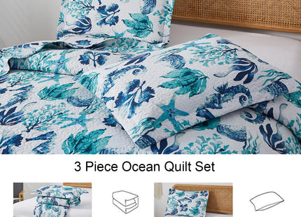 Hailea Beach Quilt Sets Full/Queen Size Ocean Theme Bedspread Coastal Bedding Set Blue Seahorse Starfish Shell Quilts Lightweight Reversible Bed Coverlet Soft Summer Bed Cover with 2 Pillowshams