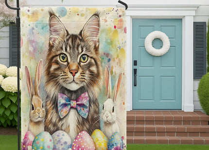 Spring Easter Maine Coons Cats Garden Flags 12x18 Inch Double Sided for Outside, Cute Bunny Eggs Pattern Standard Canvas House Flags, Pet Front Yard Backyard Lawn Flags