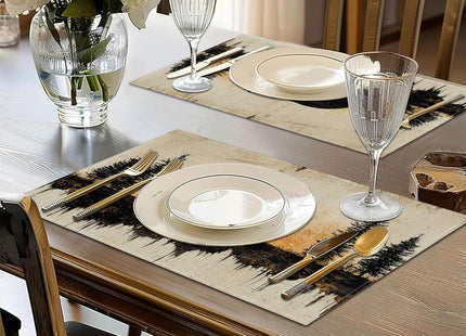 Retro Bear Pine Tree Placemats Set of 6, Vintage Washable Linen Place Mat Heat Resistant Non Slip Kitchen Dining Table Mats 12x18 Inch