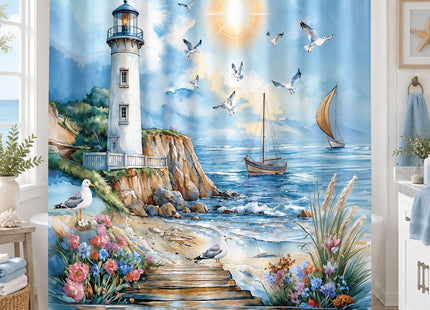 Nautical Coastal Lighthouse Shower Curtain, Boho Ocean Beach Lighthouse Seascape Beachy Abstract Shower Curtain Set, Seasides Sailboat Seagull Fabric Shower Curtain for Bathroom 12 Hooks, 72"×72" Blue