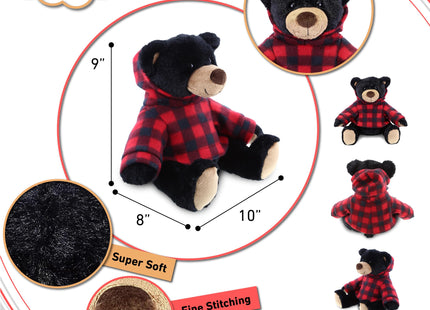 DolliBu Plush Black Bear with Red Plaid Hoodie - Soft Huggable Wild Life Bear, Adorable Playtime Zoo Black Bear Plush, Cute Cuddle Gift for Kids and Adults
