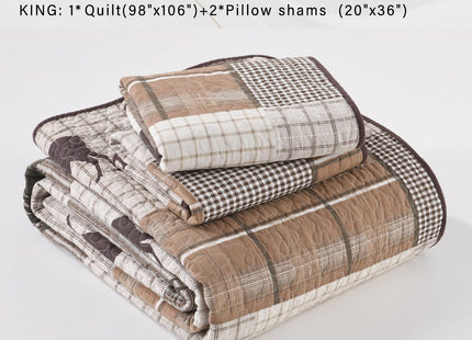 PERHOM Quilt King Size, 100% Cotton King Size Quilt, Lodge Cabin Farmhouse King Quilt, Brown Beige Green Plaid Lightweight Soft Quilted Bedspread Sets for All Season, 3 Pieces
