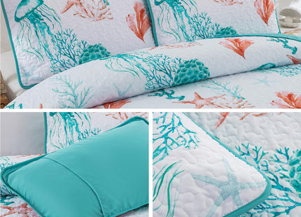 DJY Coral Jellyfish Quilt Queen Size Coastal Beach Bedspread Coverlet Set