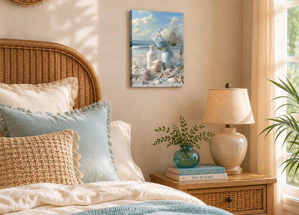 Blue Ocean Beach Bathroom Wall Art,Coastal Beach Hydrangea Seashell Wall Decor,Framed Nautical Canvas Print (Ready to Hang), for Living Room Bedroom Bathroom Beach House Home Decoration 12x16in