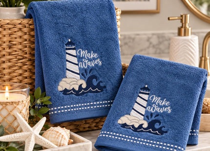 Coastal Guest Hand Bathroom Towels, Navy Make Waves Lighthouse, 16x25