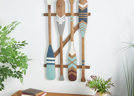 Deco 79 Wood Paddle Home Wall Decor Novelty Canoe Oar Wall Sculpture with Arrow and Stripe Patterns, Wall Art 21" x 2" x 36", Brown