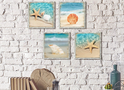 Beach Pictures Framed Wall Art: Seascape Artwork Set of 4 Seashell & Starfish Pictures Prints on Wood Ocean Wall Decor for Bedroom