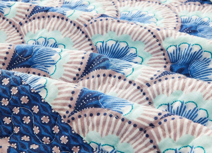 DaDa Bedding Mediterranean Minty Blue Cotton Patchwork Bedspread Set - Mid Century Nautical Breezy Ocean Waves Sea Shell - Navy Lavender Bright Colorful Coverlet Bedding - Queen - 3-Pieces