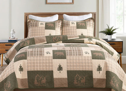 SahSahCasa 100% Cotton Quilt Set Queen Size, Farmhouse Reversible Rustic Lodge Cabin Quilt Bedspread Bedding Set, Lightweight Comforter for Queen Bed, 3pcs, Beige/Grayish Green/Brown
