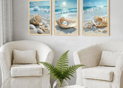 SYWENNOI Triptych Coastal Shell Pearl Framed Canvas Wall Art 12x16 inch x3