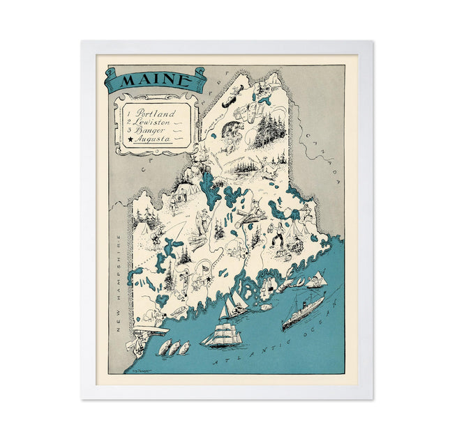 Poster Master Vintage Maine State Print - Retro Map Poster - Educational Art - Gift for Teacher, Student, Travel Lover - Wall Decoration for Classroom, Office, Dorm - 11x14 White Framed