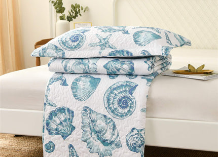 Coastal Beach Theme Quilt Set Full/Queen Size Lightweight Ocean Coral Bedding Seashell Conch Starfish Bedspread Coverlet Reversible Nautical Bed Cover with 2 Pillow Shams