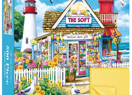 500 Piece Jigsaw Puzzle for Adults – Peel & Stick Puzzle Saver Sheets Included, Coastal Lighthouse Shop Scene, Relaxing Nature Puzzle for Beginners & Adults, Home Decor, 20.5 x 15 in