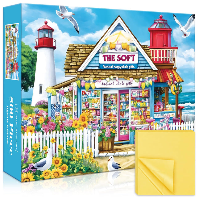 500 Piece Jigsaw Puzzle for Adults – Peel & Stick Puzzle Saver Sheets Included, Coastal Lighthouse Shop Scene, Relaxing Nature Puzzle for Beginners & Adults, Home Decor, 20.5 x 15 in