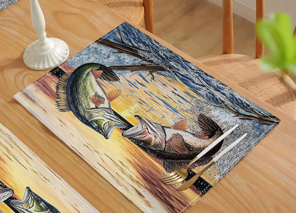 Bass Fish Placemats Set of 4, Farmhouse Lake Fishing Place Mats Table Mats for Kitchen Dining Room Restaurant 18"x12"