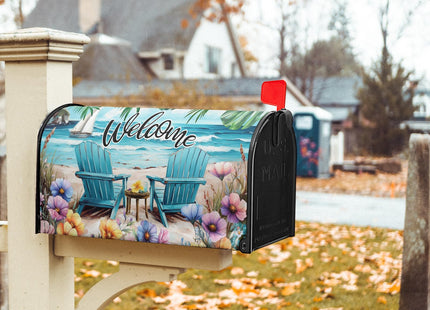 Anyako Welcome Spring Summer Sea Chair Mailbox Covers Magnetic Standard Size 18" X 21",Coastal Beach Palm Leaf Flowers Mailbox Wraps Post Letter Box Cover for Holiday Garden Yard Decor