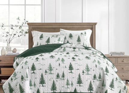 HORIMOTE HOME Green Quilt Set Queen Size 3 Pieces, Reversible Fine Printed Bedspreads with Forest Tree Pattern, Soft and Lightweight Bed Coverlet Bedding Sets for All Season