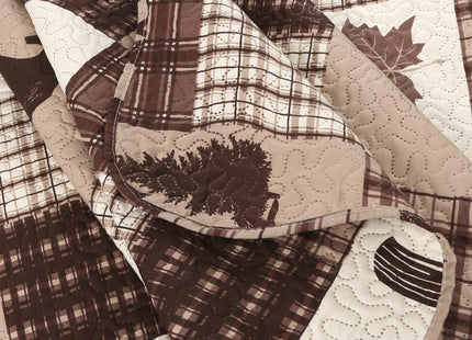 Marina Decoration Rich Printed Embossed Pinsonic Coverlet Bedspread Ultra Soft 2 Piece Summer Quilt Set with 1 Quilted Sham, Brown Cabin Maple Deer Plaid Pattern Twin/Single Size