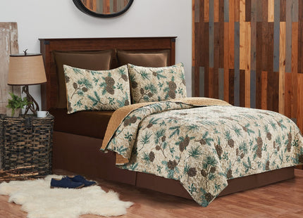 Rustic Pinecones & Needles Full/Queen Quilt Set Lodge Cabin Bedding w/ Sham
