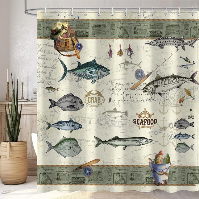 Moyrisou Retro Farmhouse Fishing Shower Curtain, Rustic Cabin Fish Country Bathroom Decor Sets, Waterproof Polyester Bath Curtain Fabric with 12 Hooks 72x72 Inches