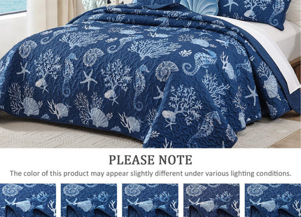 Djoymock Coastal Quilt Set Queen Size 3 Piece, Summer Beach Blue Theme Quilts with Pillowcases Microfiber Ocean Bedding Set Nautical Bedspreads Coverlet Lightweight Comforter for All Season