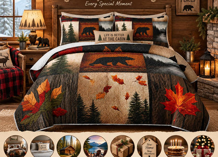 AILONEN Rustic Bear Quilt Set Queen Size,Western Bedspread Bedspread Coverlet with 2 Pillowcases,3-Piece Bear Walk Cabin Plaid Bedding Set