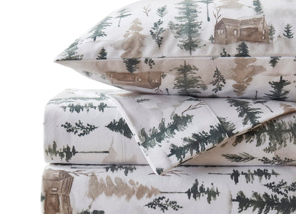 Flannel Sheets Warm and Cozy Deep Pocket Breathable All Season Bedding Set with Fitted, Flat and Pillowcases, Queen, Winter Cabin Lodge