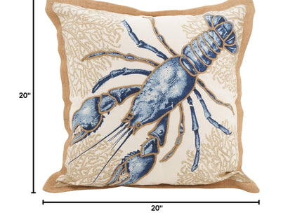 SARO LIFESTYLE Neptunian Coastal Throw Pillow – 20” x 20”, Woven Cotton Cover with Jute Trim, Zipper Closure, Down & Feather Insert – Lobster, Navy Blue