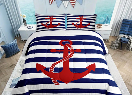 Geometric Stripes Comforter Set Twin Size,Nautical Anchor Bedding Sets 2Pcs Kids Boys Bedroom Decor 1 Pillowcase Ocean Adventure Theme Quilted Duvet Modern Navy Blue Red Bedspread Comforter