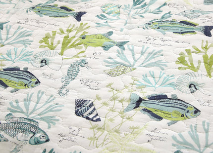 WINLIFE 100% Cotton Coastal Quilt Set Queen Size 90''x98'', Aqua Green Fish