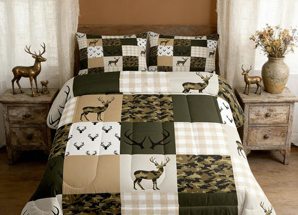 Homewish Camouflage Comforter Set Full Size Woodland Camo Quilt Set Green and Beige Plaid Print Bedding Set 3pcs for Kids Boys Teens Room Decor, Animal Deer Antlers Duvet Insert with 2 Pillowcases
