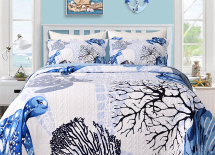 3 Piece Coastal Quilt Set King Size,Soft Lightweight Ocean Quilt,Beach Turtle Starfish Coral Printed Bedspread Bed Set with 2 Shams,Summer Quilt Bedding Set for All Season (106”x96”,Navy Blue)