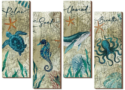 Qunclay 4 Pieces Beach Bathroom Decor Wall Sign Ocean Decor Sea Turtle Wall Art Nautical Bathroom Pictures Coastal Octopus Wood Sign Bedroom Art Teal Accessories Kitchen Home Decorations
