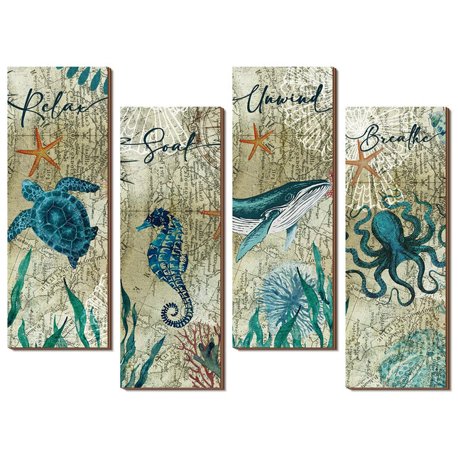 Qunclay 4 Pieces Beach Bathroom Decor Wall Sign Ocean Decor Sea Turtle Wall Art Nautical Bathroom Pictures Coastal Octopus Wood Sign Bedroom Art Teal Accessories Kitchen Home Decorations