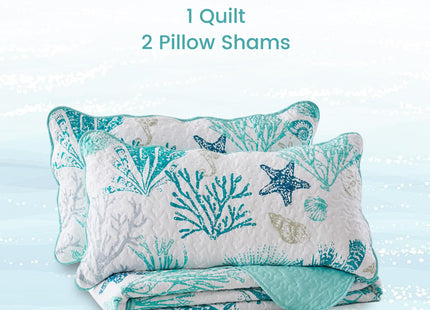 Qucover Coastal Quilt King Size 98"x106", Ocean Beach Themed Bedding with Seashell Coral Pattern, Soft Lightweight Reversible Microfiber Bedspread, Nautical Coverlet for Summer, Teal Green