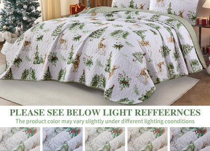 Christmas Quilt Set Queen Size Green Xmas Reindeer Pine Tree Bedding Set